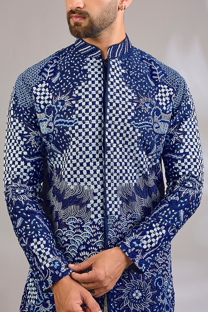 Navy Georgette Floral Embroidered Kurta by SHASHA GABA MEN at Pernia's Pop Up Shop