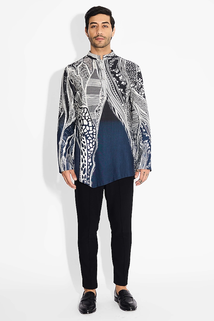 Obsidian Blue Tussar Embroidered Handcrafted Short Kurta by SHASHA GABA MEN at Pernia's Pop Up Shop