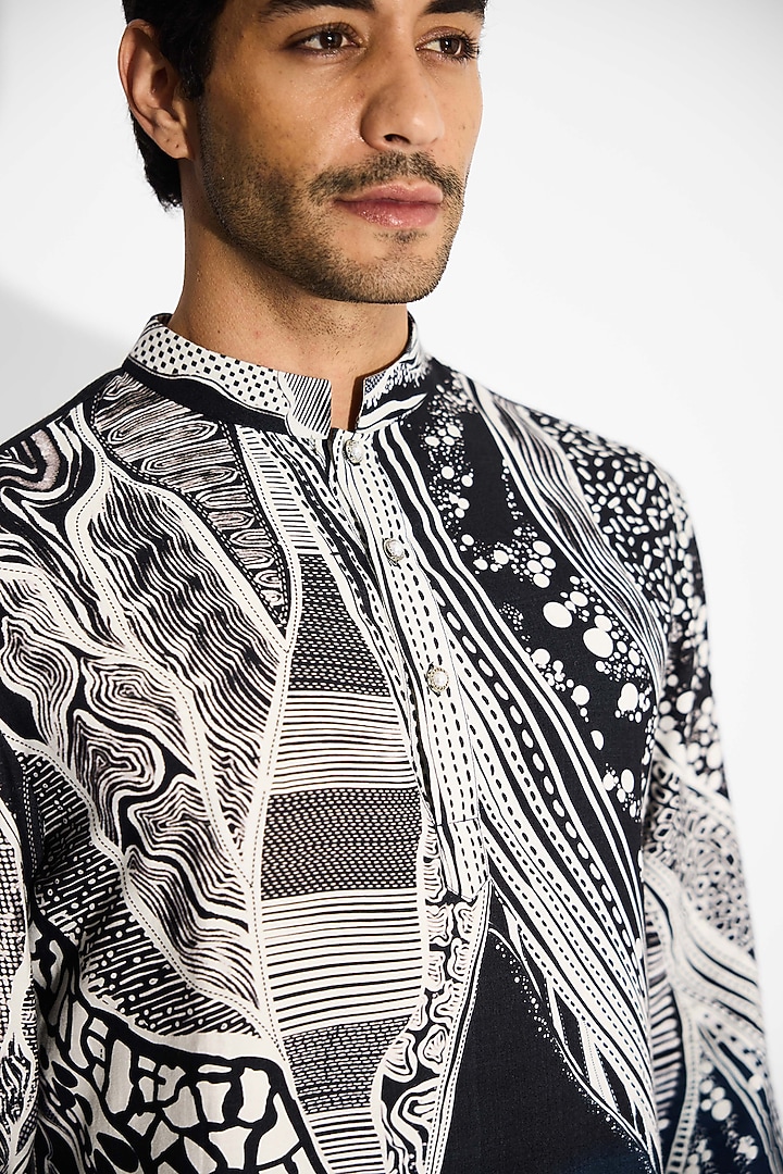 Obsidian Blue Tussar Embroidered Handcrafted Short Kurta by SHASHA GABA MEN at Pernia's Pop Up Shop
