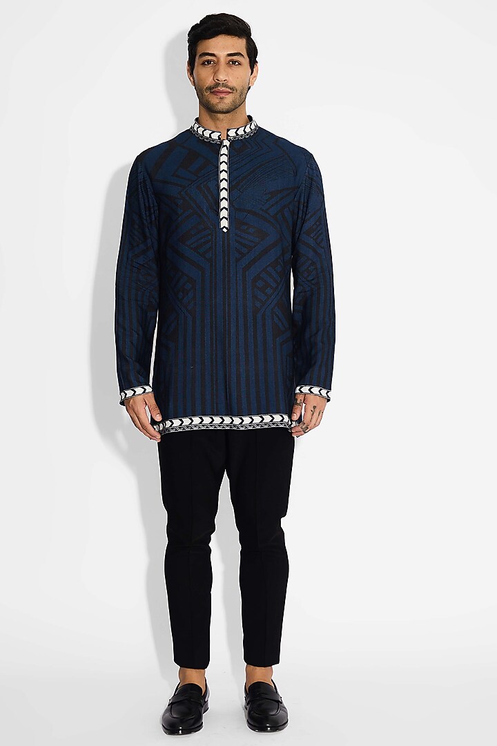 Obsidian Blue Tussar Embroidered Handcrafted Short Kurta by SHASHA GABA MEN at Pernia's Pop Up Shop