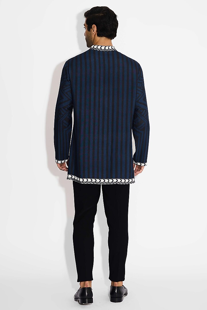 Obsidian Blue Tussar Embroidered Handcrafted Short Kurta by SHASHA GABA MEN at Pernia's Pop Up Shop