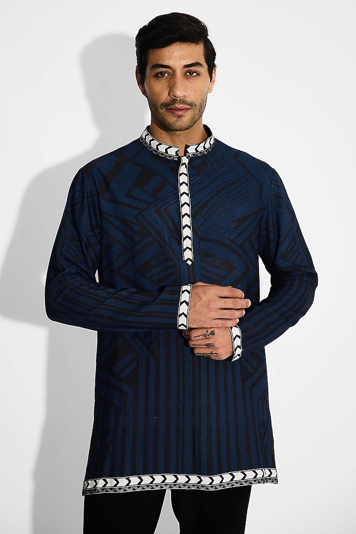Obsidian Blue Tussar Embroidered Handcrafted Short Kurta by SHASHA GABA MEN at Pernia's Pop Up Shop
