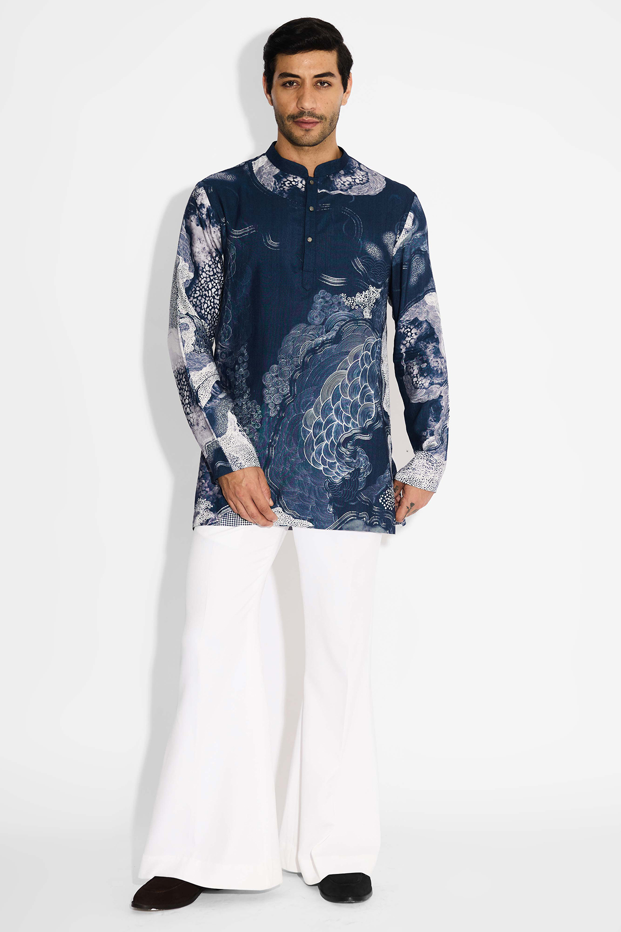 Obsidian Blue Tussar Embroidered Handcrafted Short Kurta by SHASHA GABA MEN