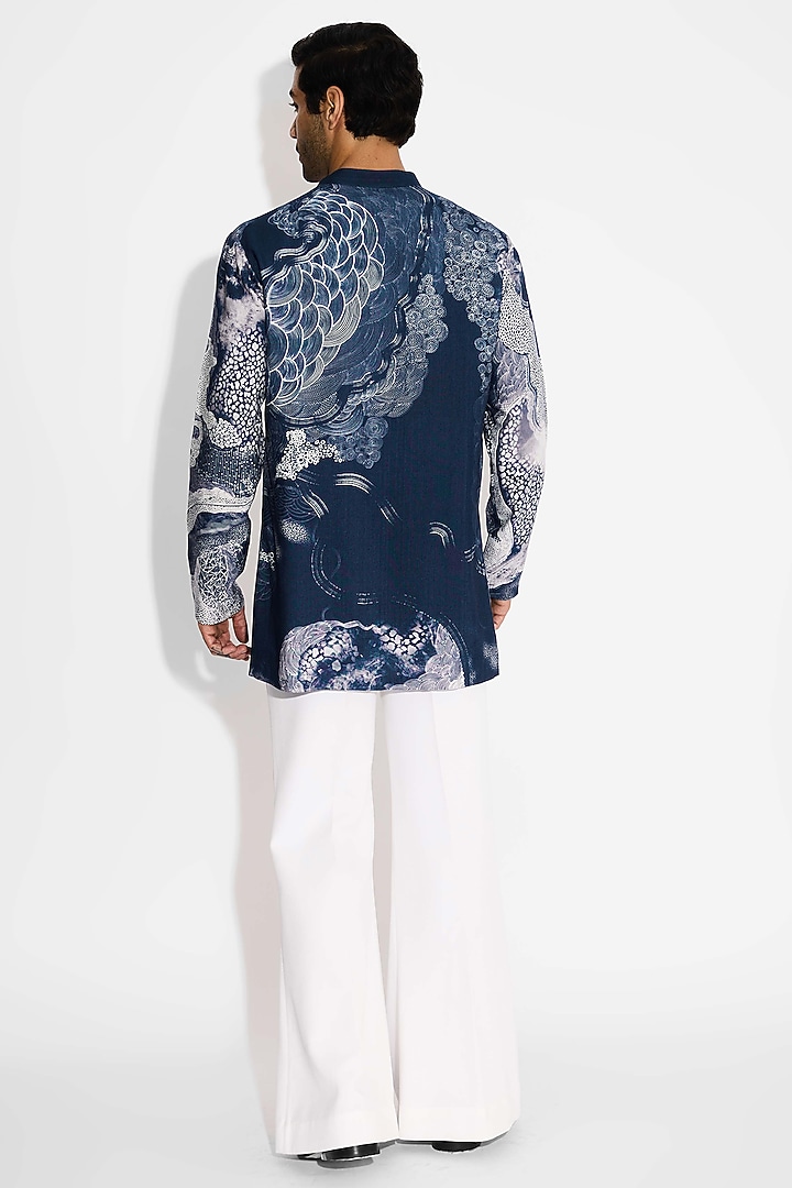 Obsidian Blue Tussar Embroidered Handcrafted Short Kurta by SHASHA GABA MEN at Pernia's Pop Up Shop
