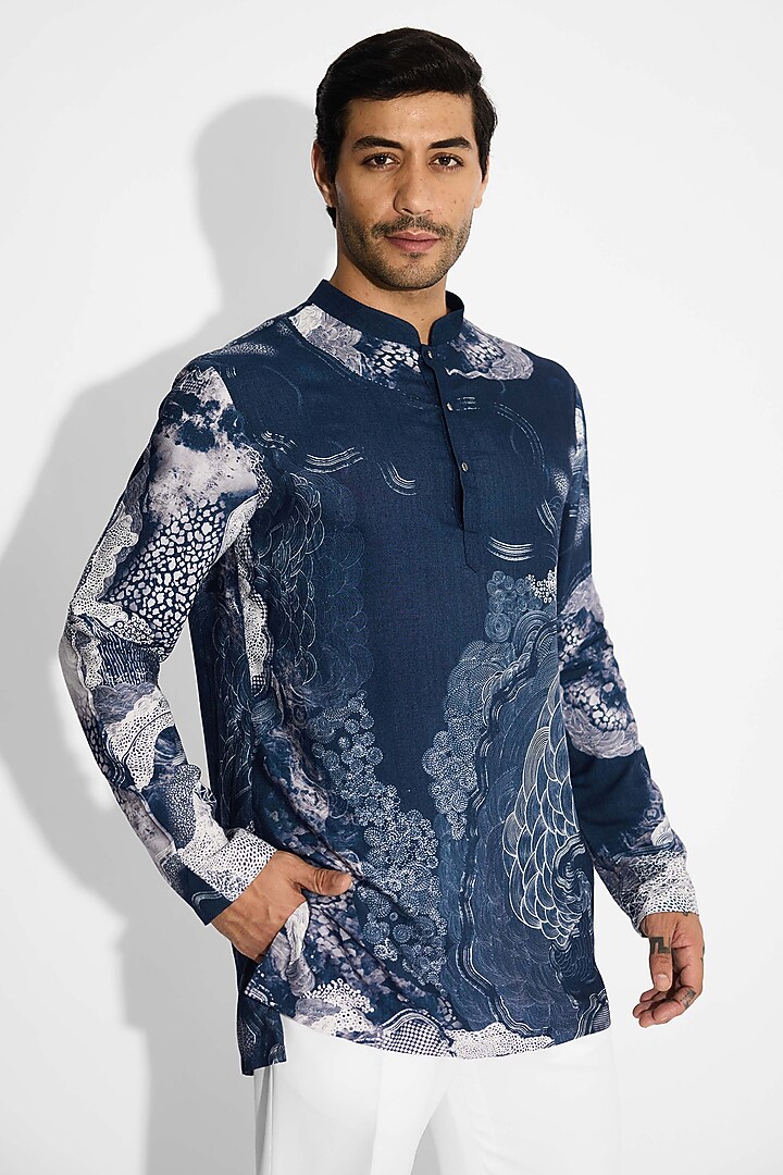 Obsidian Blue Tussar Embroidered Handcrafted Short Kurta by SHASHA GABA MEN at Pernia's Pop Up Shop