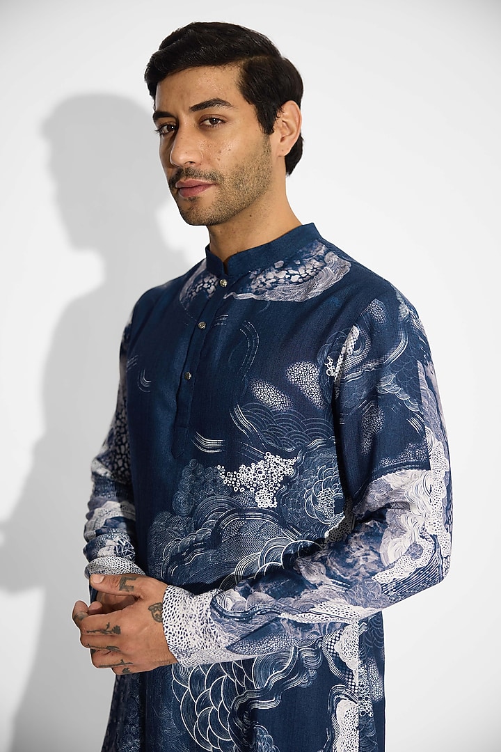 Obsidian Blue Tussar Embroidered Handcrafted Short Kurta by SHASHA GABA MEN at Pernia's Pop Up Shop