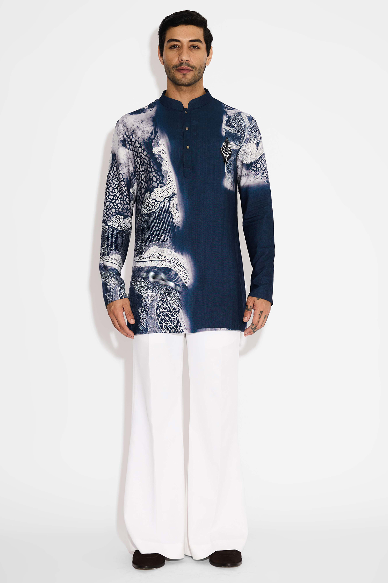 Obsidian Blue Tussar Embroidered Handcrafted Short Kurta by SHASHA GABA MEN