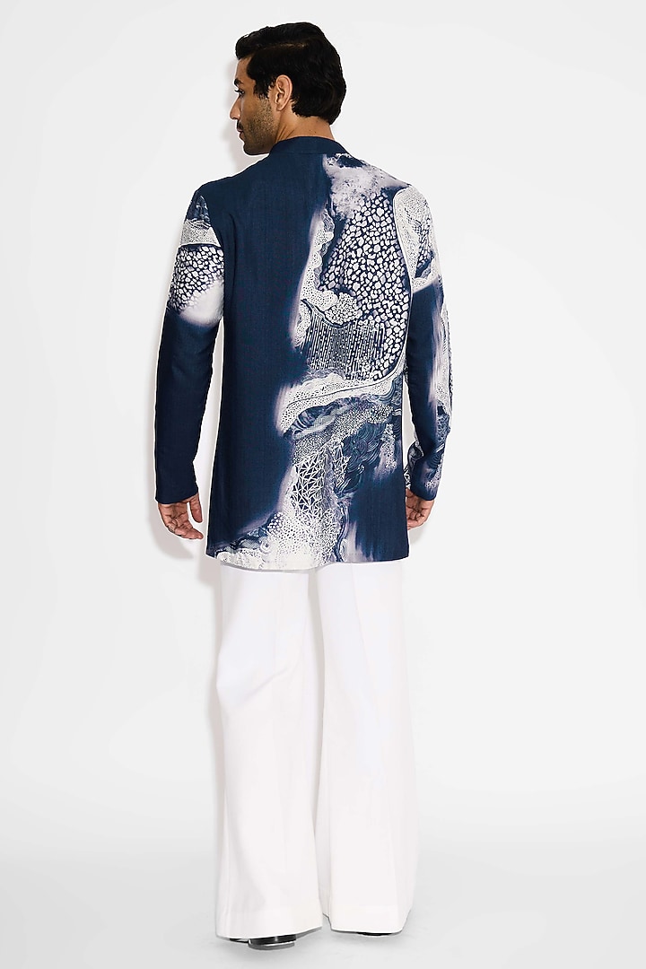Obsidian Blue Tussar Embroidered Handcrafted Short Kurta by SHASHA GABA MEN at Pernia's Pop Up Shop