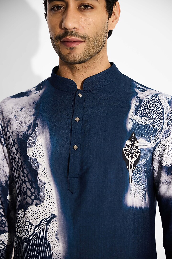 Obsidian Blue Tussar Embroidered Handcrafted Short Kurta by SHASHA GABA MEN at Pernia's Pop Up Shop