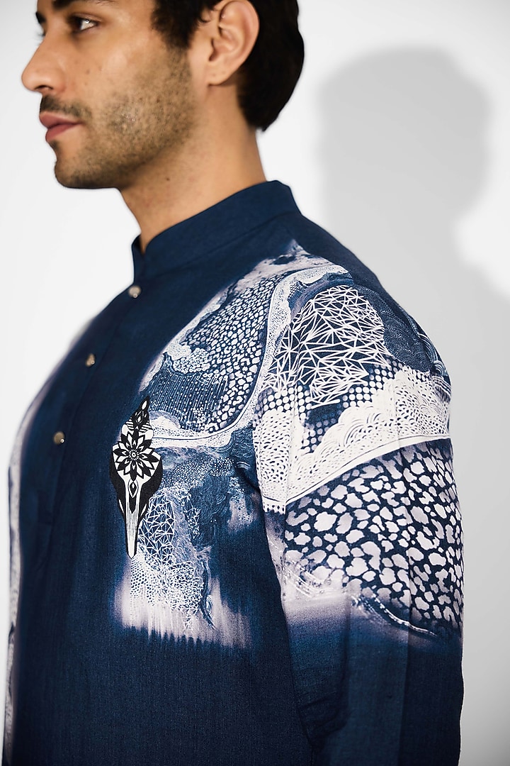 Obsidian Blue Tussar Embroidered Handcrafted Short Kurta by SHASHA GABA MEN at Pernia's Pop Up Shop