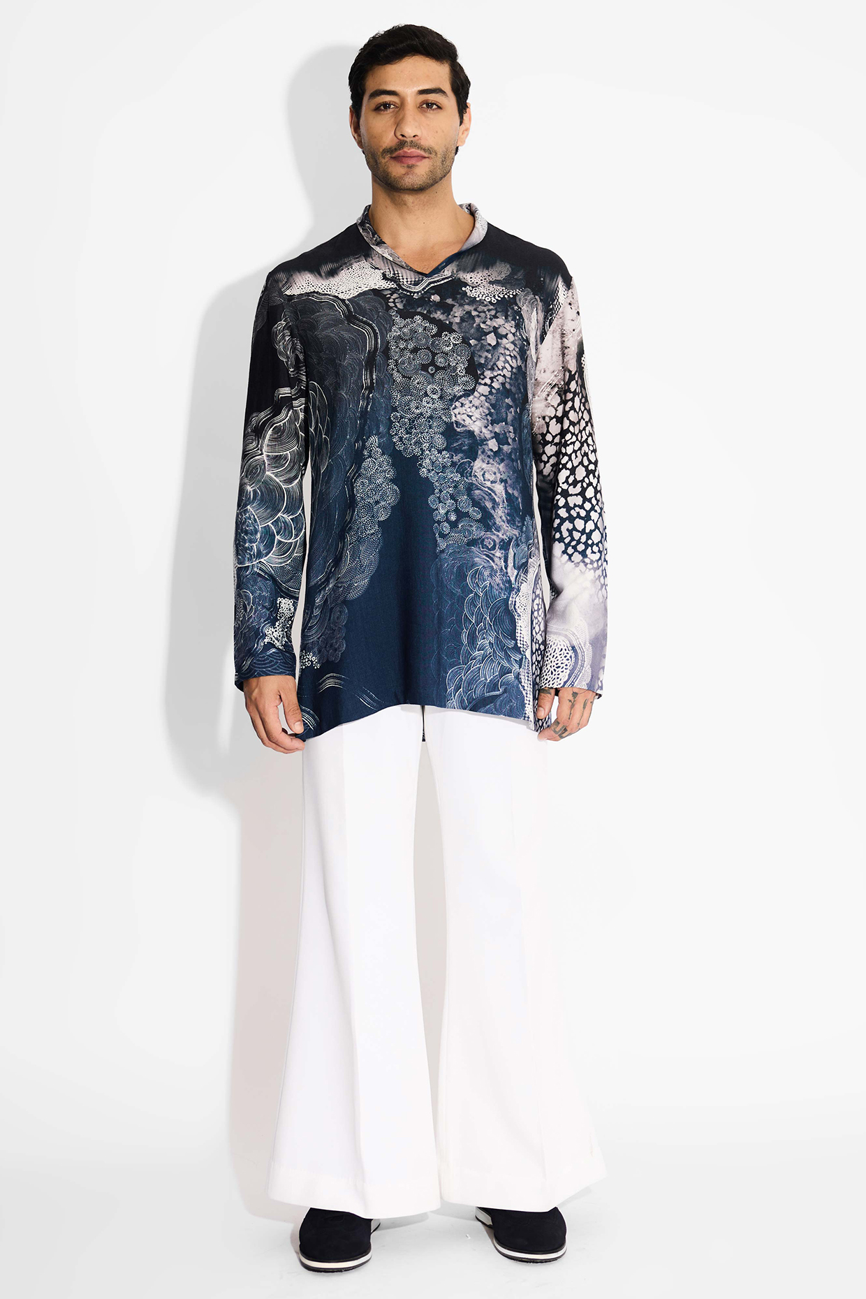 Obsidian Blue Tussar Embroidered Handcrafted Short Kurta by SHASHA GABA MEN
