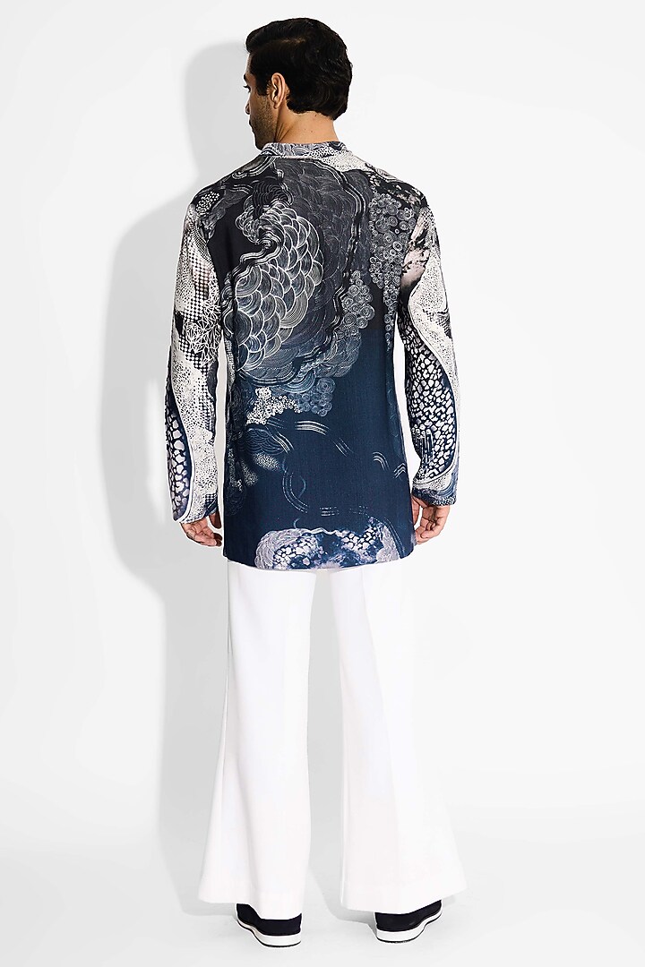 Obsidian Blue Tussar Embroidered Handcrafted Short Kurta by SHASHA GABA MEN at Pernia's Pop Up Shop