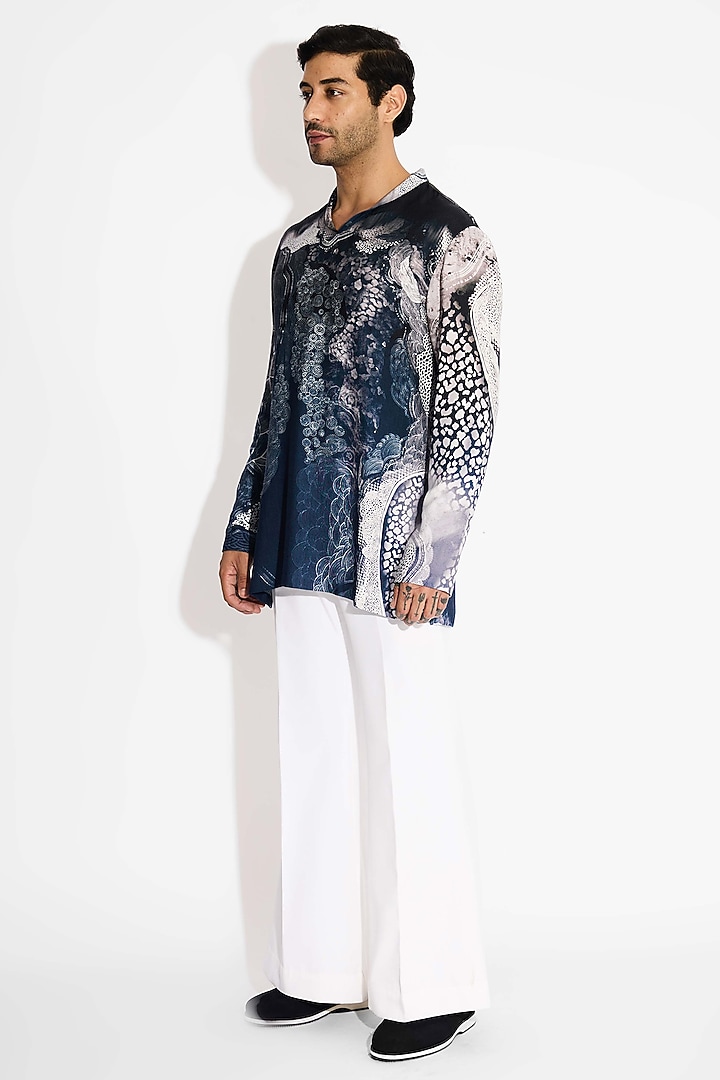 Obsidian Blue Tussar Embroidered Handcrafted Short Kurta by SHASHA GABA MEN at Pernia's Pop Up Shop