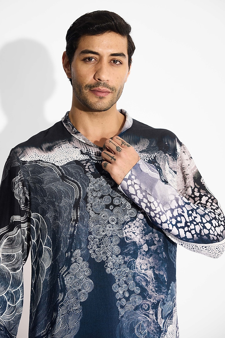 Obsidian Blue Tussar Embroidered Handcrafted Short Kurta by SHASHA GABA MEN at Pernia's Pop Up Shop