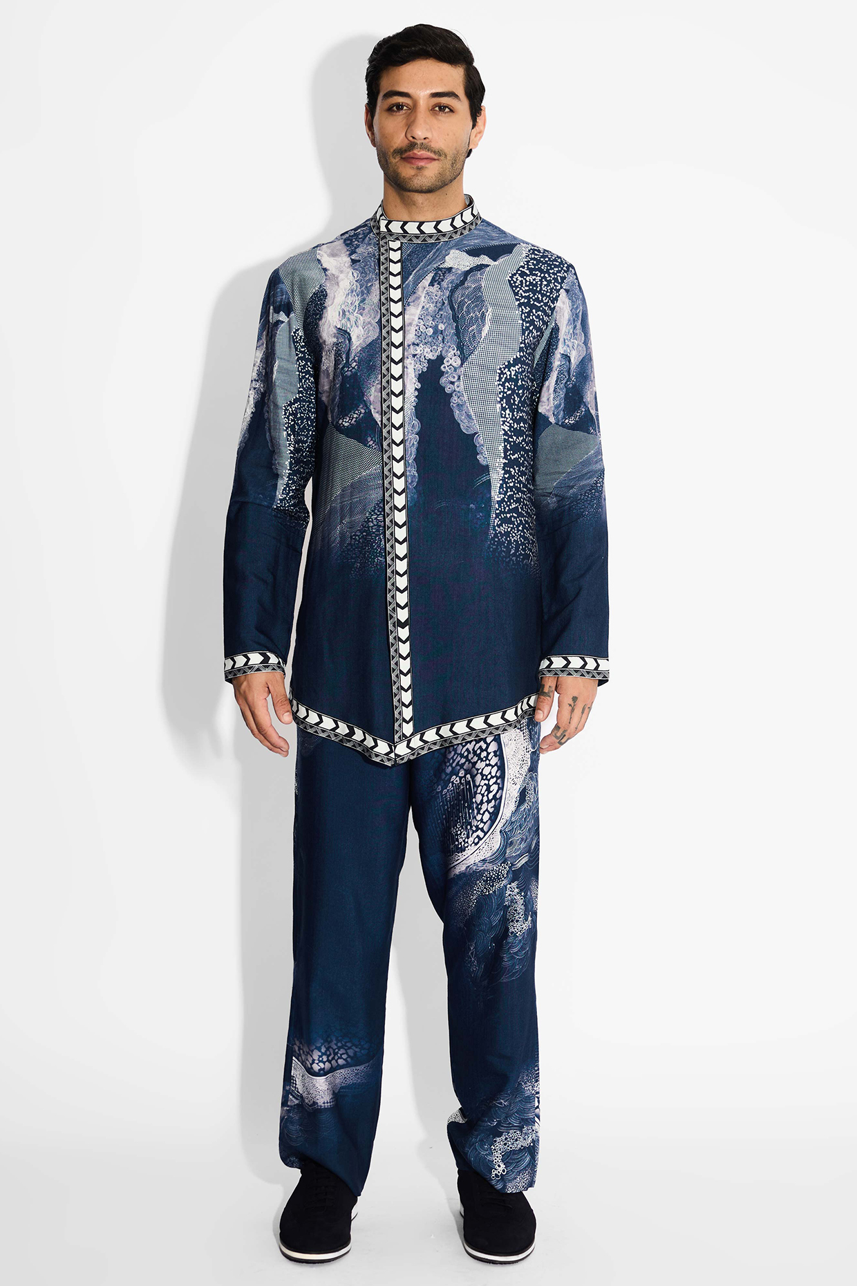 Obsidian Blue Tussar Embroidered Handcrafted Short Kurta by SHASHA GABA MEN