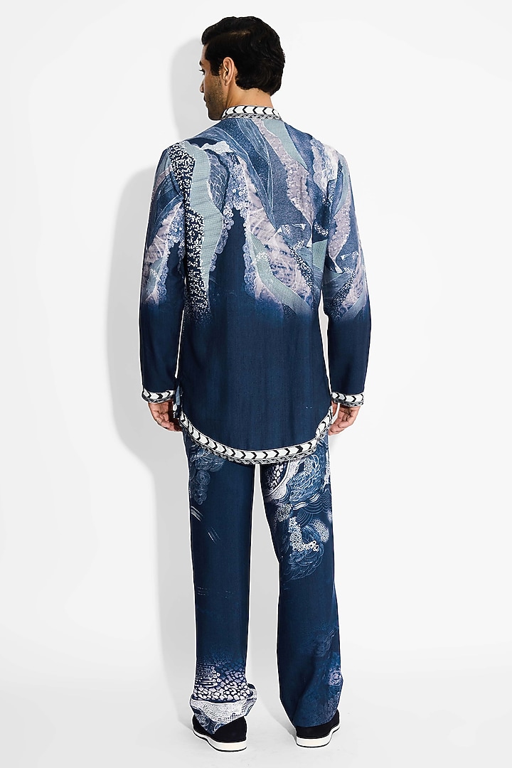 Obsidian Blue Tussar Embroidered Handcrafted Short Kurta by SHASHA GABA MEN at Pernia's Pop Up Shop