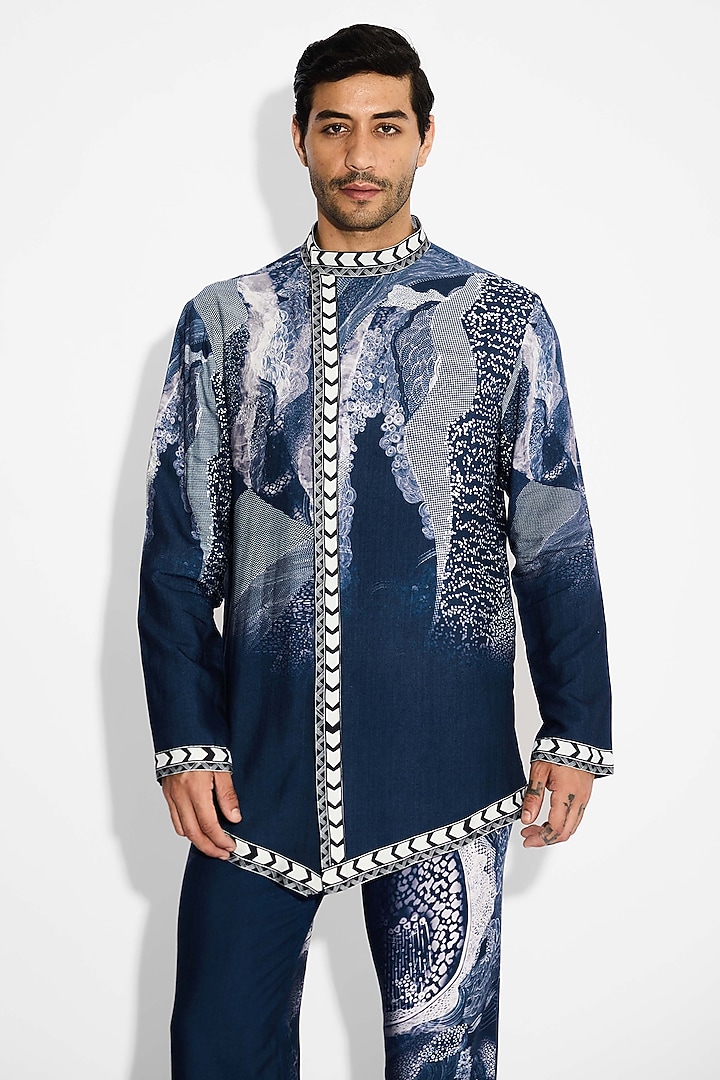Obsidian Blue Tussar Embroidered Handcrafted Short Kurta by SHASHA GABA MEN at Pernia's Pop Up Shop