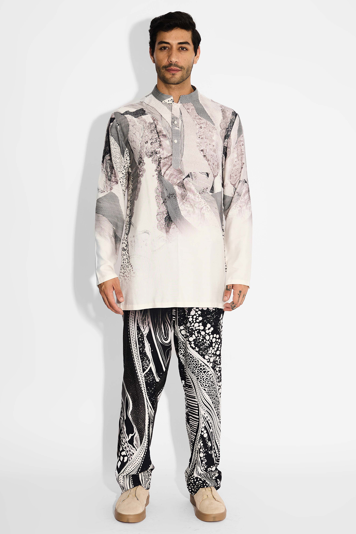 Ivory Tussar Printed Handcrafted Short Kurta by SHASHA GABA MEN