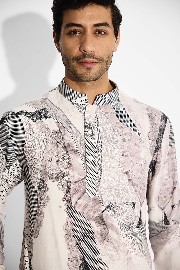 Ivory Tussar Printed Handcrafted Short Kurta by SHASHA GABA MEN at Pernia's Pop Up Shop