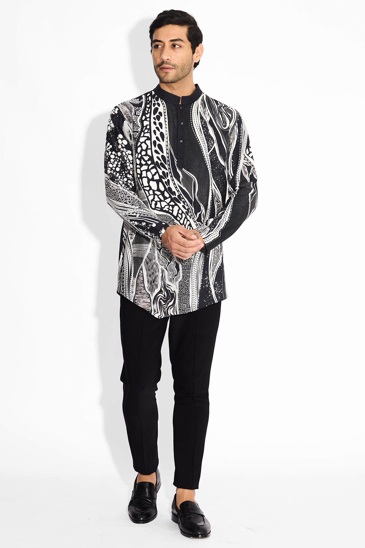 Black Tussar Embroidered Handcrafted Short Kurta by SHASHA GABA MEN