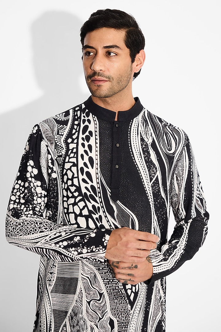 Black Tussar Embroidered Handcrafted Short Kurta by SHASHA GABA MEN at Pernia's Pop Up Shop