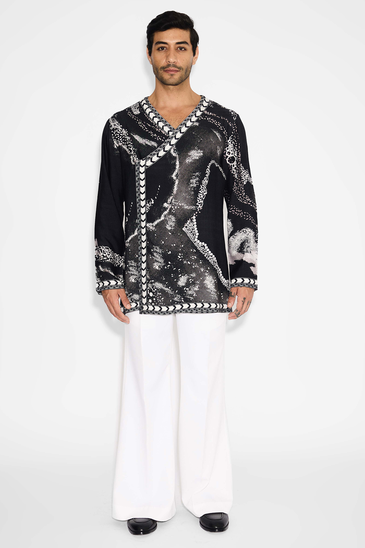 Black Tussar Printed Handcrafted Angrakha Kurta by SHASHA GABA MEN