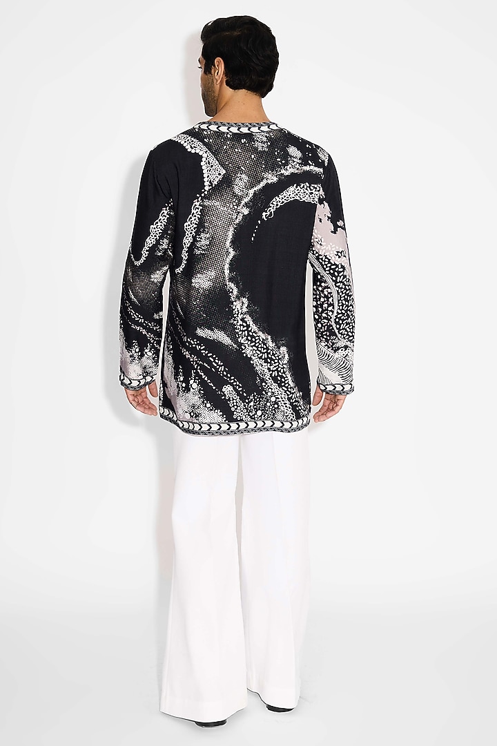 Black Tussar Printed Handcrafted Angrakha Kurta by SHASHA GABA MEN at Pernia's Pop Up Shop