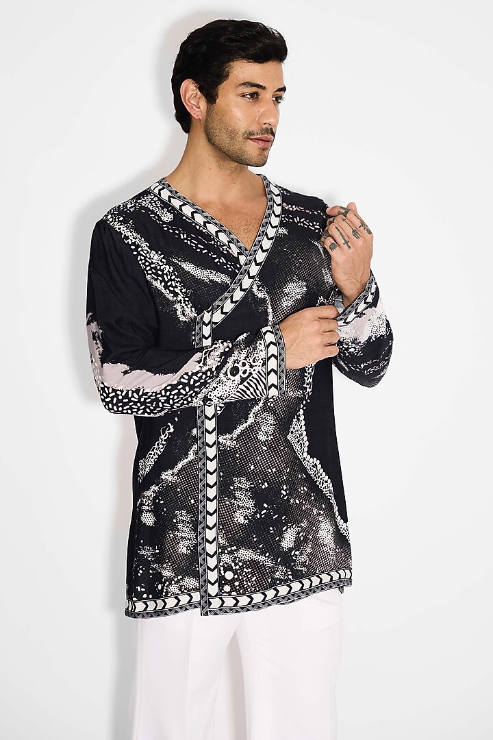 Black Tussar Printed Handcrafted Angrakha Kurta by SHASHA GABA MEN at Pernia's Pop Up Shop