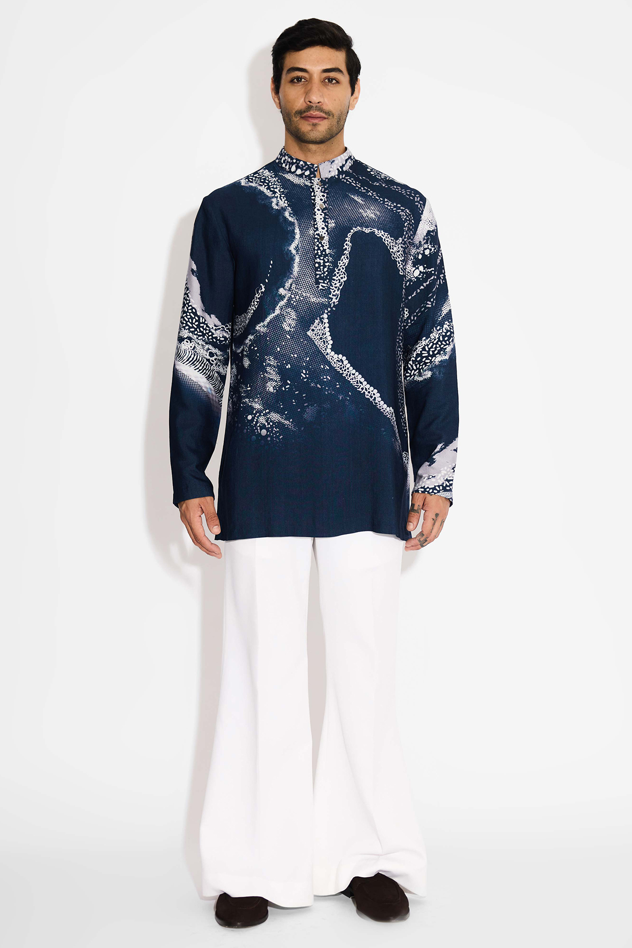 Obsidian Blue Tussar Printed Handcrafted Short Kurta by SHASHA GABA MEN