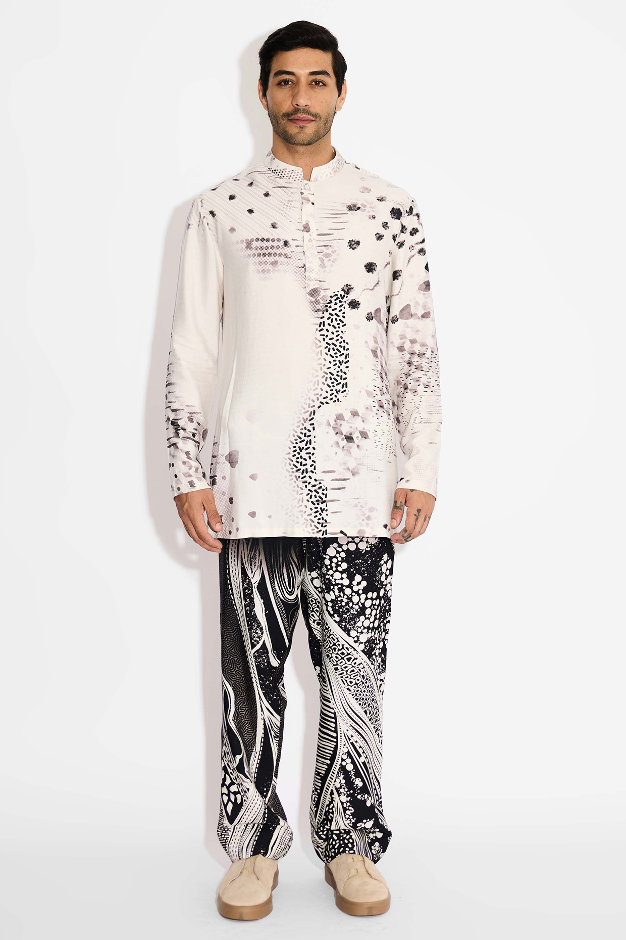 Ivory Tussar Printed Handcrafted Short Kurta by SHASHA GABA MEN