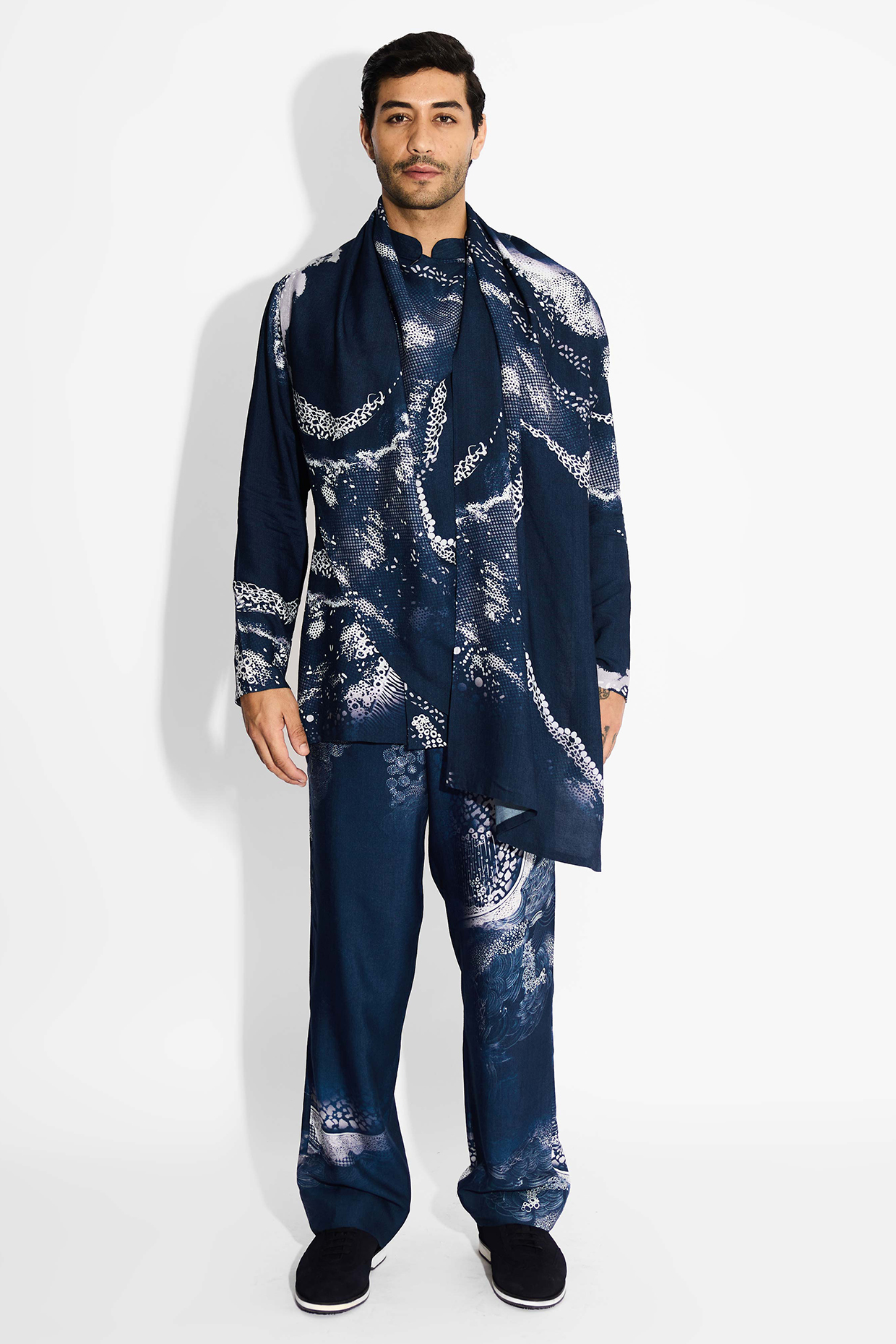 Obsidian Blue Tussar Printed Handcrafted Shirt Kurta by SHASHA GABA MEN