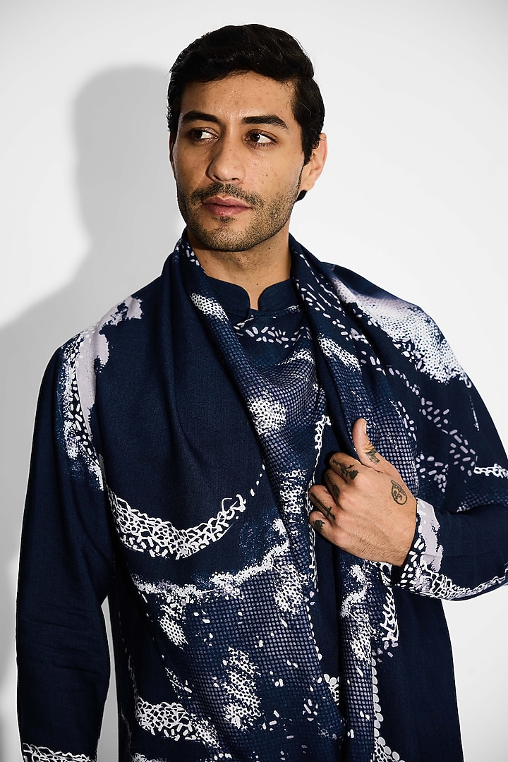 Obsidian Blue Tussar Printed Handcrafted Shirt Kurta by SHASHA GABA MEN at Pernia's Pop Up Shop