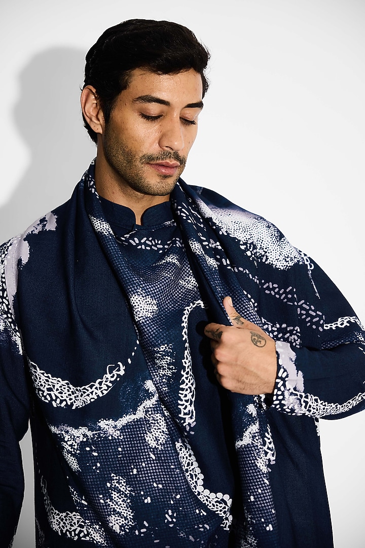 Obsidian Blue Tussar Printed Handcrafted Shirt Kurta by SHASHA GABA MEN at Pernia's Pop Up Shop