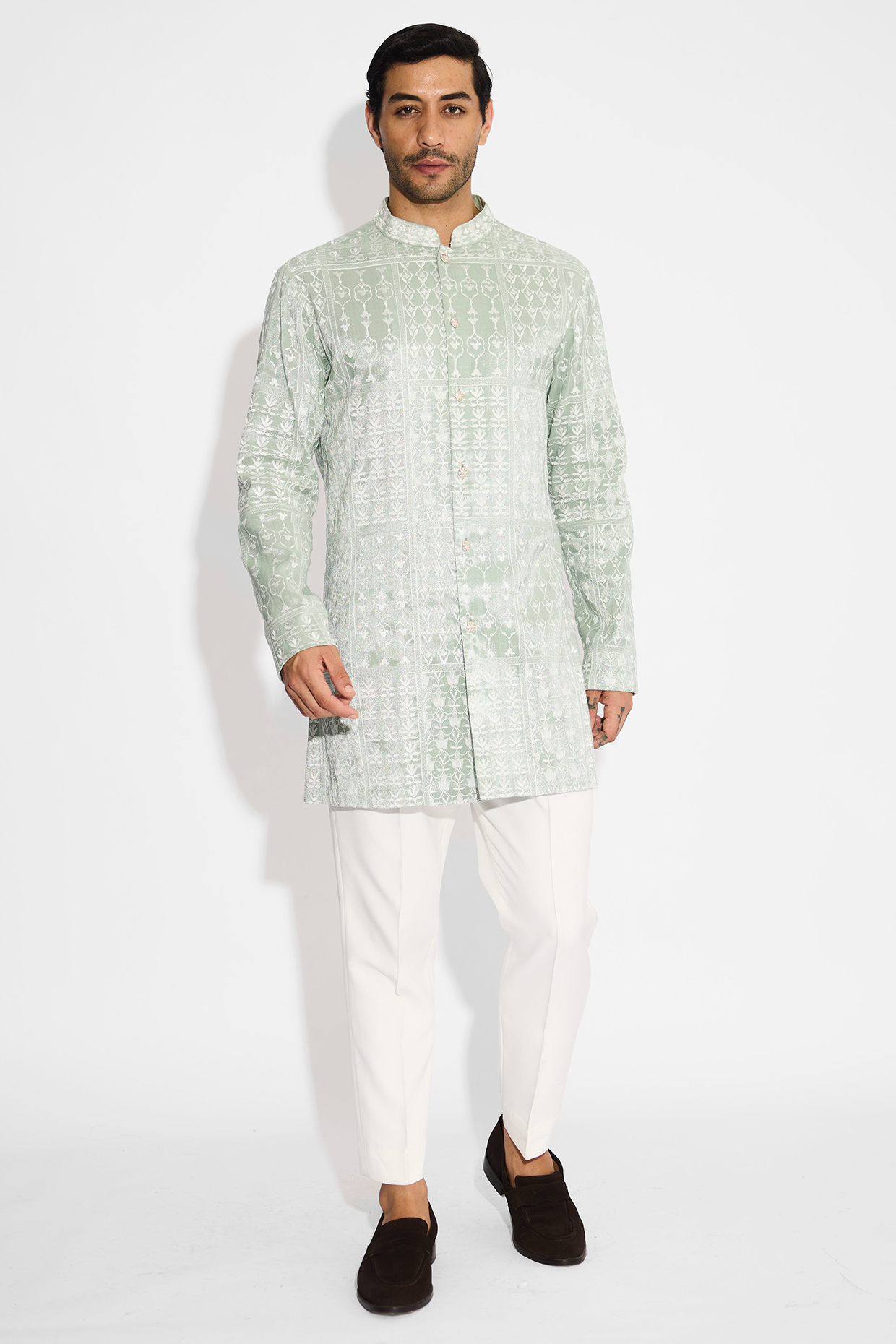 Ash Green Tissue Satin Embellished Handcrafted Bandhgala by SHASHA GABA MEN