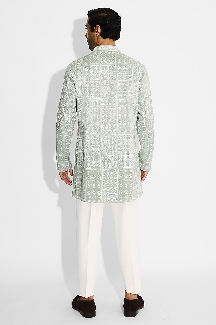 Ash Green Tissue Satin Embellished Handcrafted Bandhgala by SHASHA GABA MEN at Pernia's Pop Up Shop
