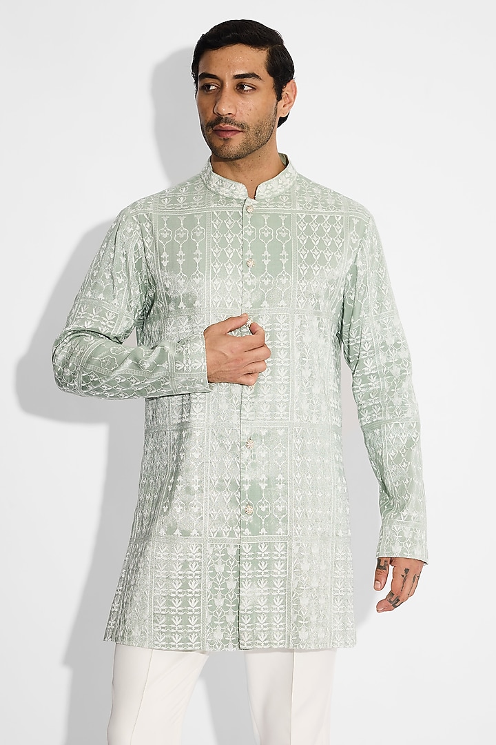 Ash Green Tissue Satin Embellished Handcrafted Bandhgala by SHASHA GABA MEN at Pernia's Pop Up Shop