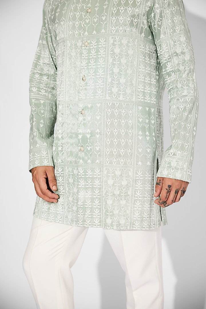 Ash Green Tissue Satin Embellished Handcrafted Bandhgala by SHASHA GABA MEN at Pernia's Pop Up Shop