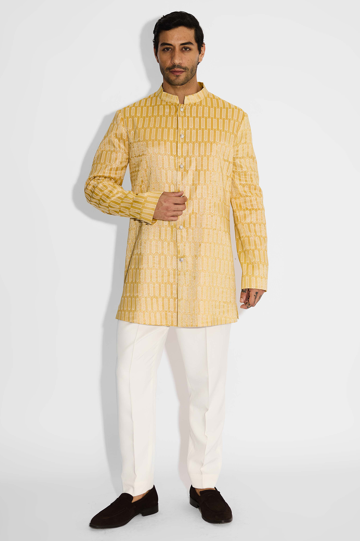 Sundrop Yellow Tissue Satin Embellished Handcrafted Bandhgala by SHASHA GABA MEN