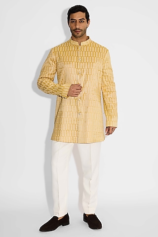 Sundrop Yellow Tissue Satin Embellished Handcrafted Bandhgala by SHASHA GABA MEN