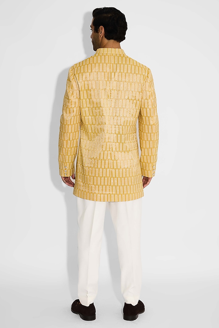 Sundrop Yellow Tissue Satin Embellished Handcrafted Bandhgala by SHASHA GABA MEN at Pernia's Pop Up Shop