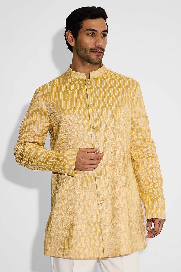 Sundrop Yellow Tissue Satin Embellished Handcrafted Bandhgala by SHASHA GABA MEN at Pernia's Pop Up Shop