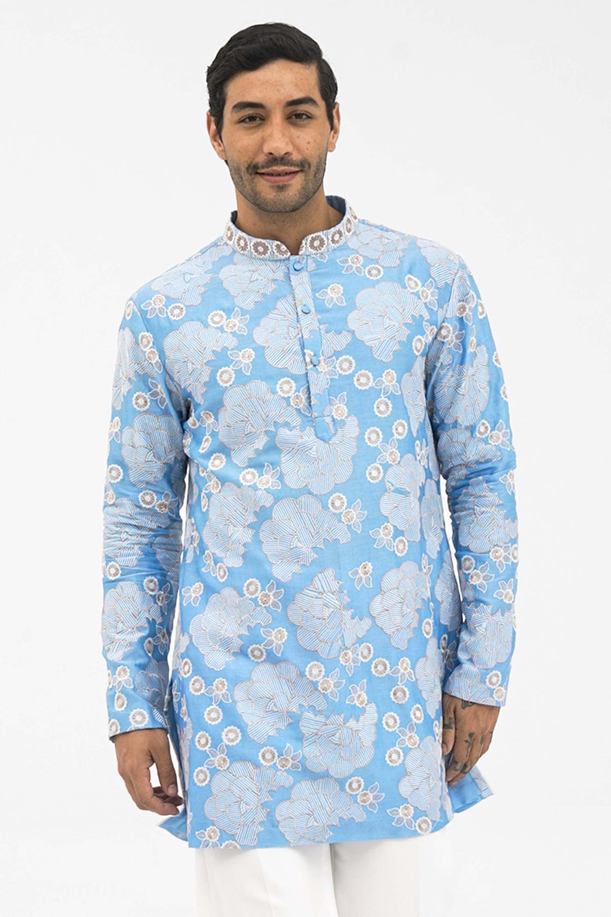 Frost Blue Poly Chanderi Embroidered Handcrafted Kurta by SHASHA GABA MEN