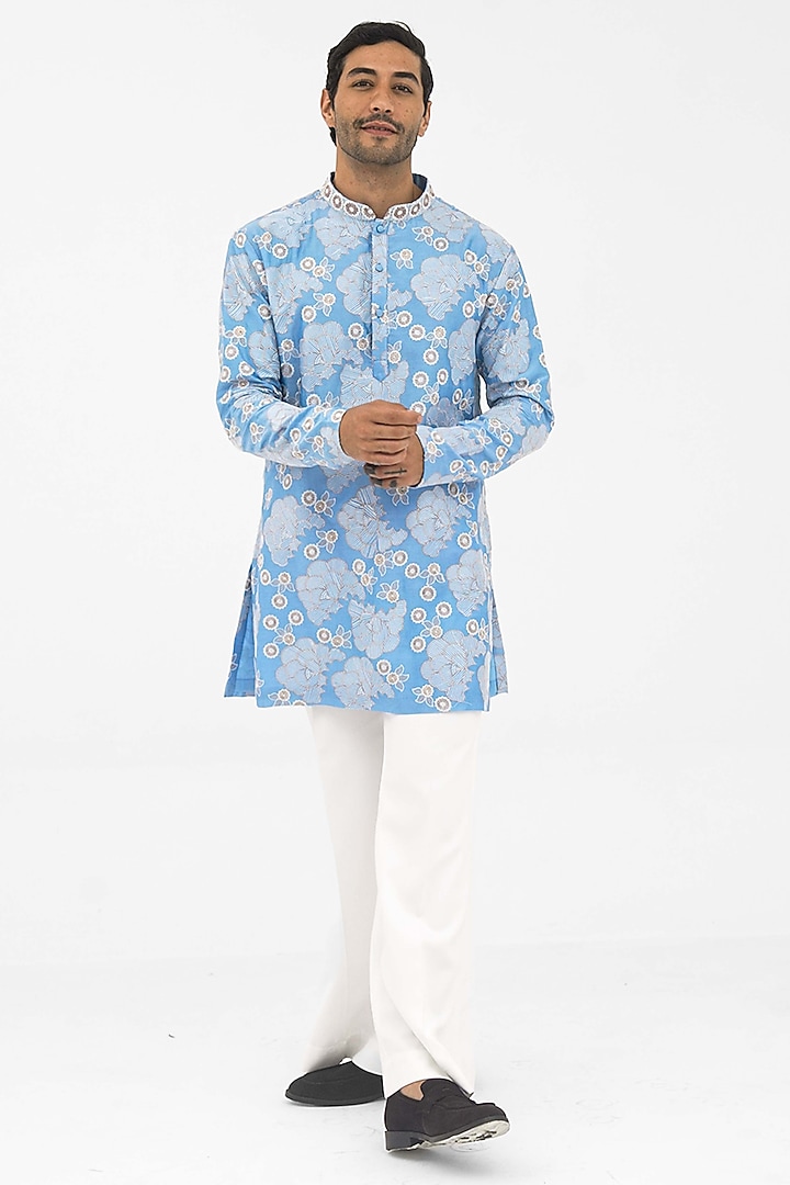 Frost Blue Poly Chanderi Embroidered Handcrafted Kurta by SHASHA GABA MEN at Pernia's Pop Up Shop
