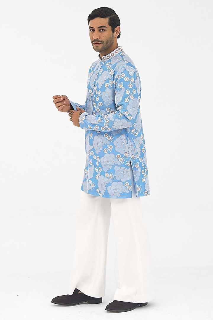 Frost Blue Poly Chanderi Embroidered Handcrafted Kurta by SHASHA GABA MEN at Pernia's Pop Up Shop