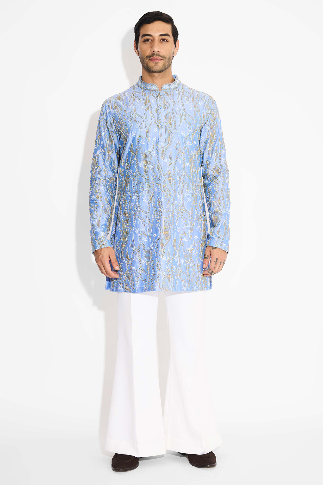 Frost Blue Poly Chanderi Embroidered Handcrafted Kurta by SHASHA GABA MEN