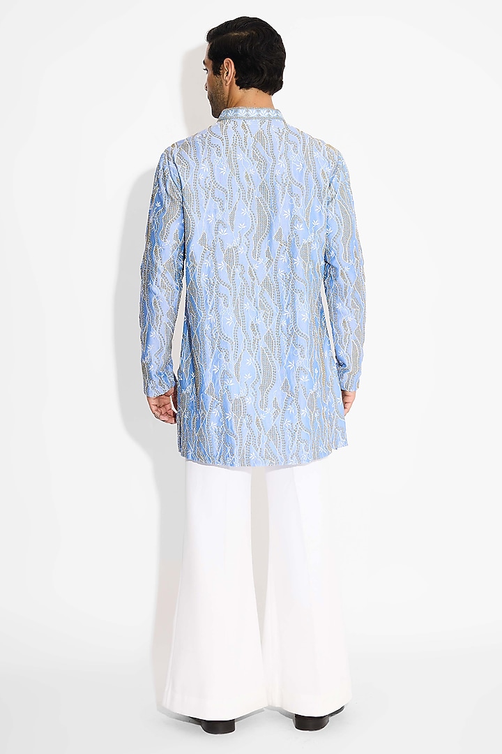 Frost Blue Poly Chanderi Embroidered Handcrafted Kurta by SHASHA GABA MEN at Pernia's Pop Up Shop