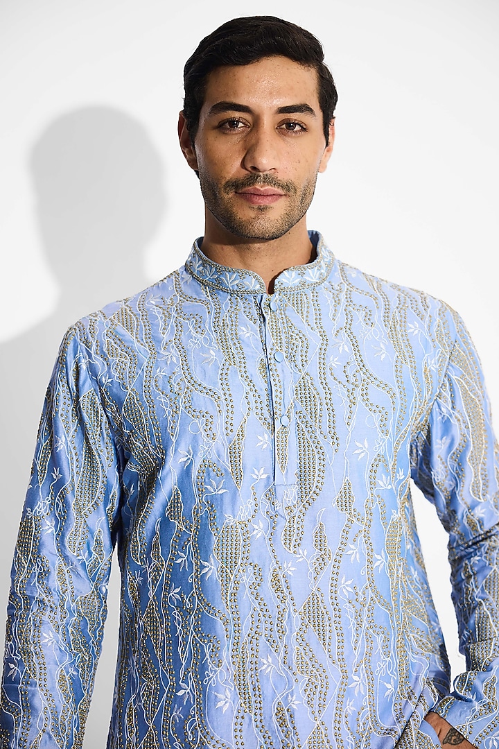 Frost Blue Poly Chanderi Embroidered Handcrafted Kurta by SHASHA GABA MEN at Pernia's Pop Up Shop
