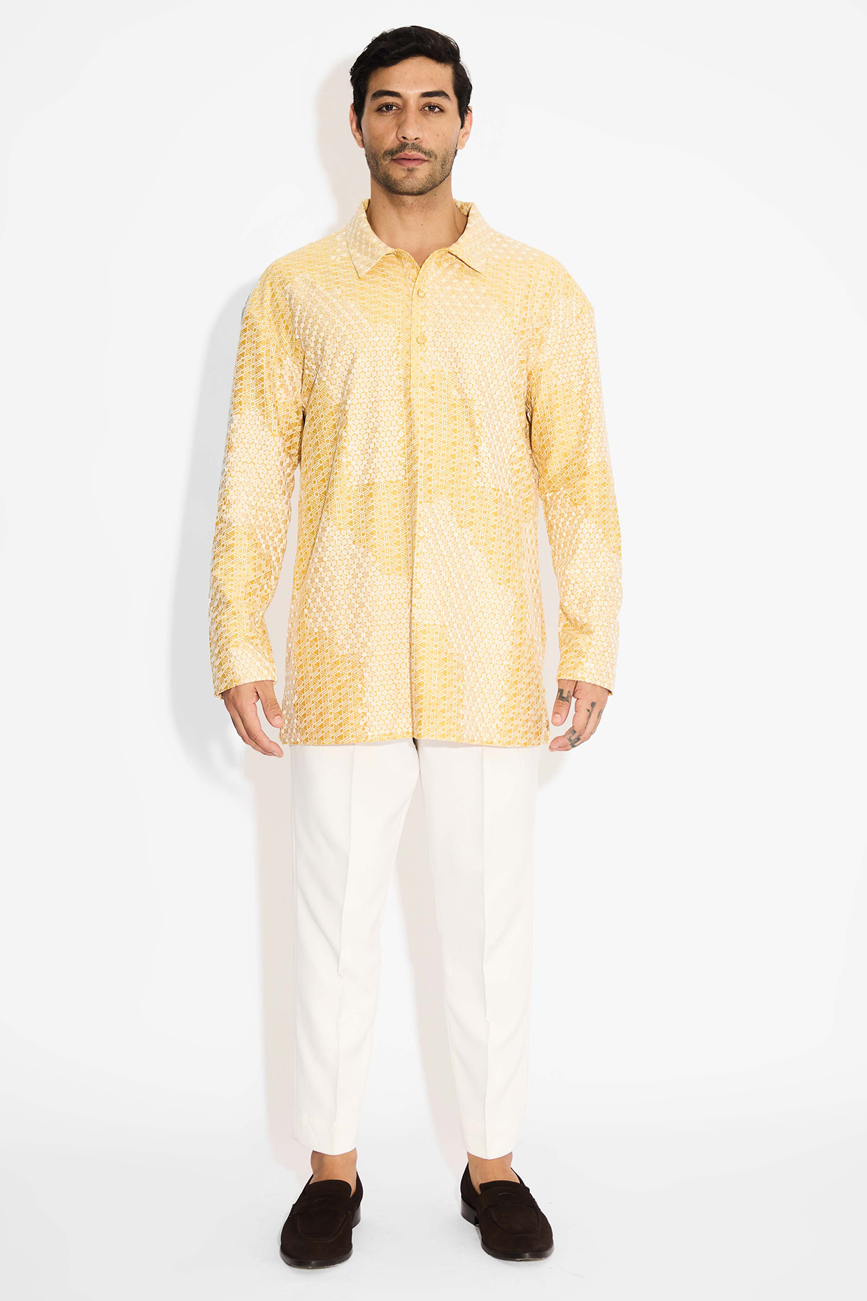 Sundrop Yellow Tissue Satin Embroidered Handcrafted Kurta by SHASHA GABA MEN