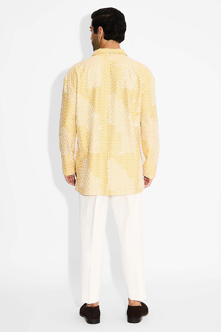 Sundrop Yellow Tissue Satin Embroidered Handcrafted Kurta by SHASHA GABA MEN at Pernia's Pop Up Shop