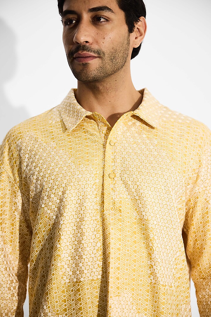 Sundrop Yellow Tissue Satin Embroidered Handcrafted Kurta by SHASHA GABA MEN at Pernia's Pop Up Shop